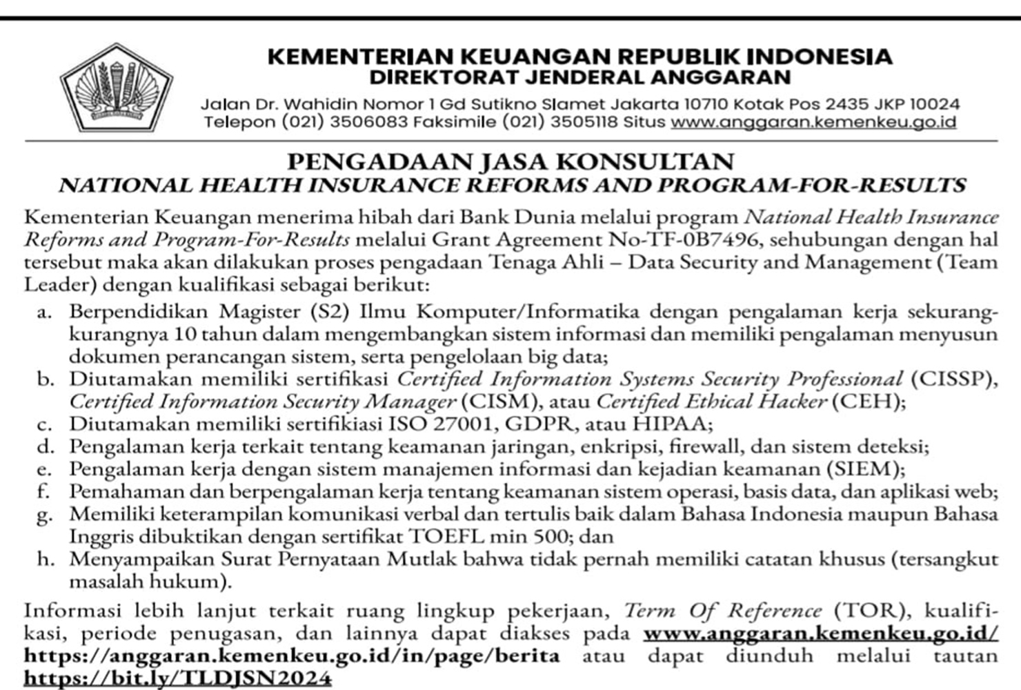 Pengumuman Pengadaan Konsultasi Individu untuk Mendukung Pengembangan Dashboard Sistem Monitoring dan Evaluasi Jaminan Kesehatan Nasional